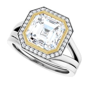 Rings 18K White & Yellow 8x8 mm Asscher Bezel-Set Halo-Style Engagement Ring Mounting