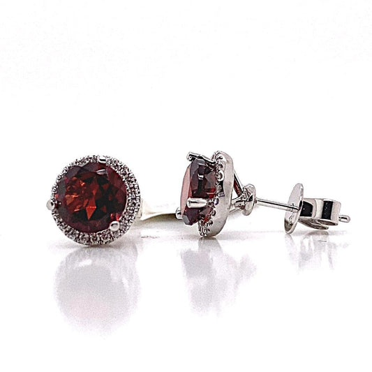18K WHITE GOLD 3.01CT TW ROUND BRILLIANT RED SPINEL CENTER .17CT TW NATURAL ROUND BRILLIANT DIAMOND HALO STYLE STUD EARRINGS