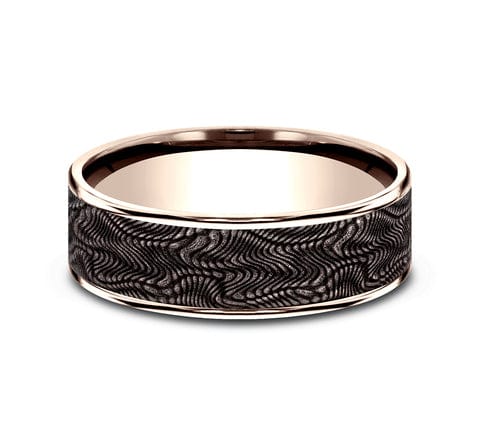 14K ROSE GOLD & GREY TANTALUM MEN'S BAND SNAKE SKIN CENTER POLISHED EDGES 7.5MM COMFORT-FIT SIZE 10