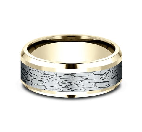 14K YELLOW GOLD & GREY TANTALUM MEN'S BAND ROCK CENTER BEVELED EDGES 7MM COMFORT-FIT SIZE 10