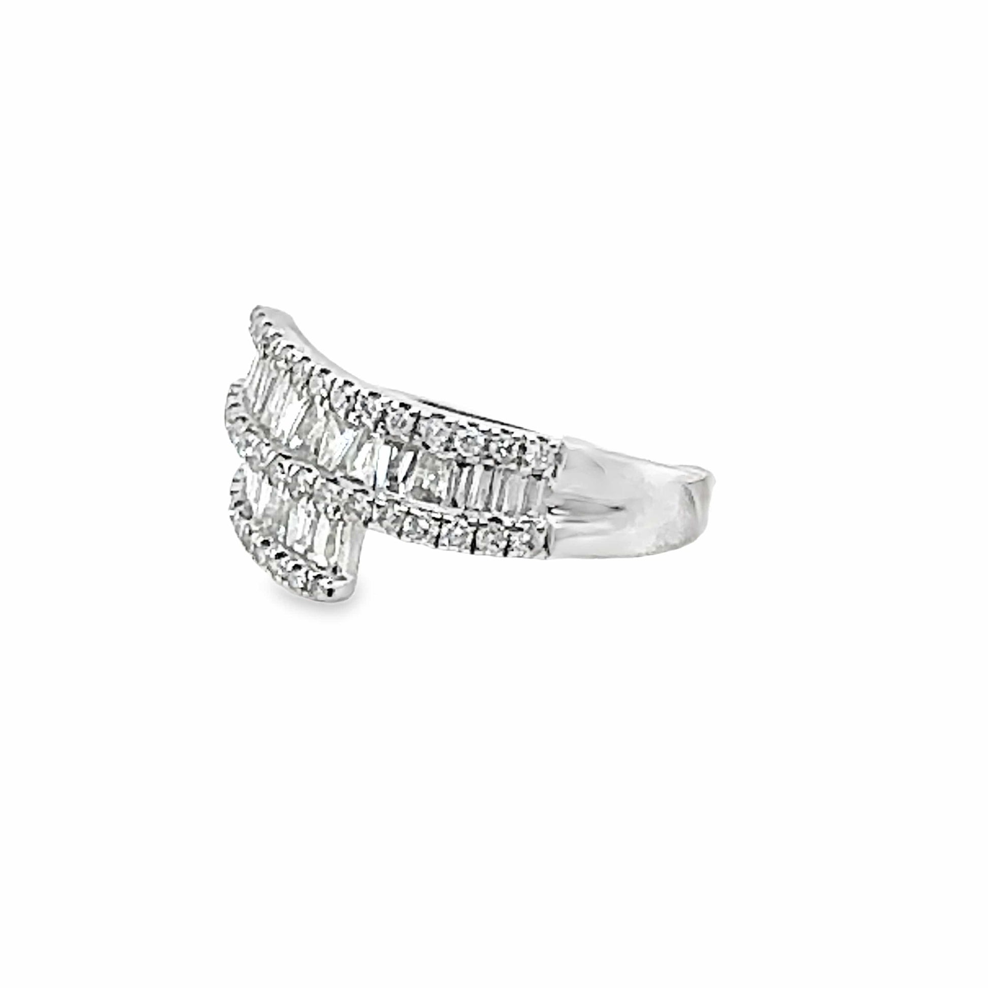 14K WHITE GOLD  1.0CT TW NATURAL DIAMOND ROUND BRILLIANT AND BAGUETTE ACCENT  BYPASS STYLE RING