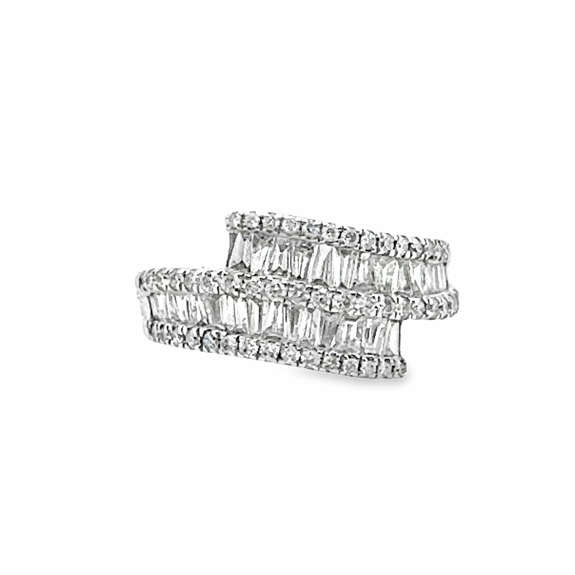 14K WHITE GOLD  1.0CT TW NATURAL DIAMOND ROUND BRILLIANT AND BAGUETTE ACCENT  BYPASS STYLE RING