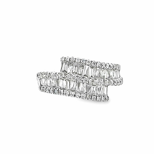 14K WHITE GOLD  1.0CT TW NATURAL DIAMOND ROUND BRILLIANT AND BAGUETTE ACCENT  BYPASS STYLE RING
