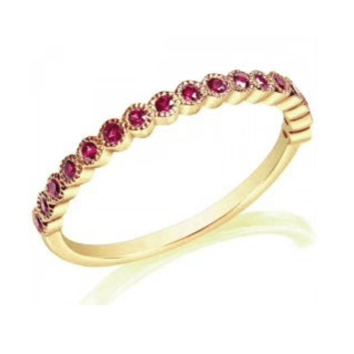 14K YELLOW GOLD .22CT TW NATURAL RUBY MILGRAIN BAND 17RU
