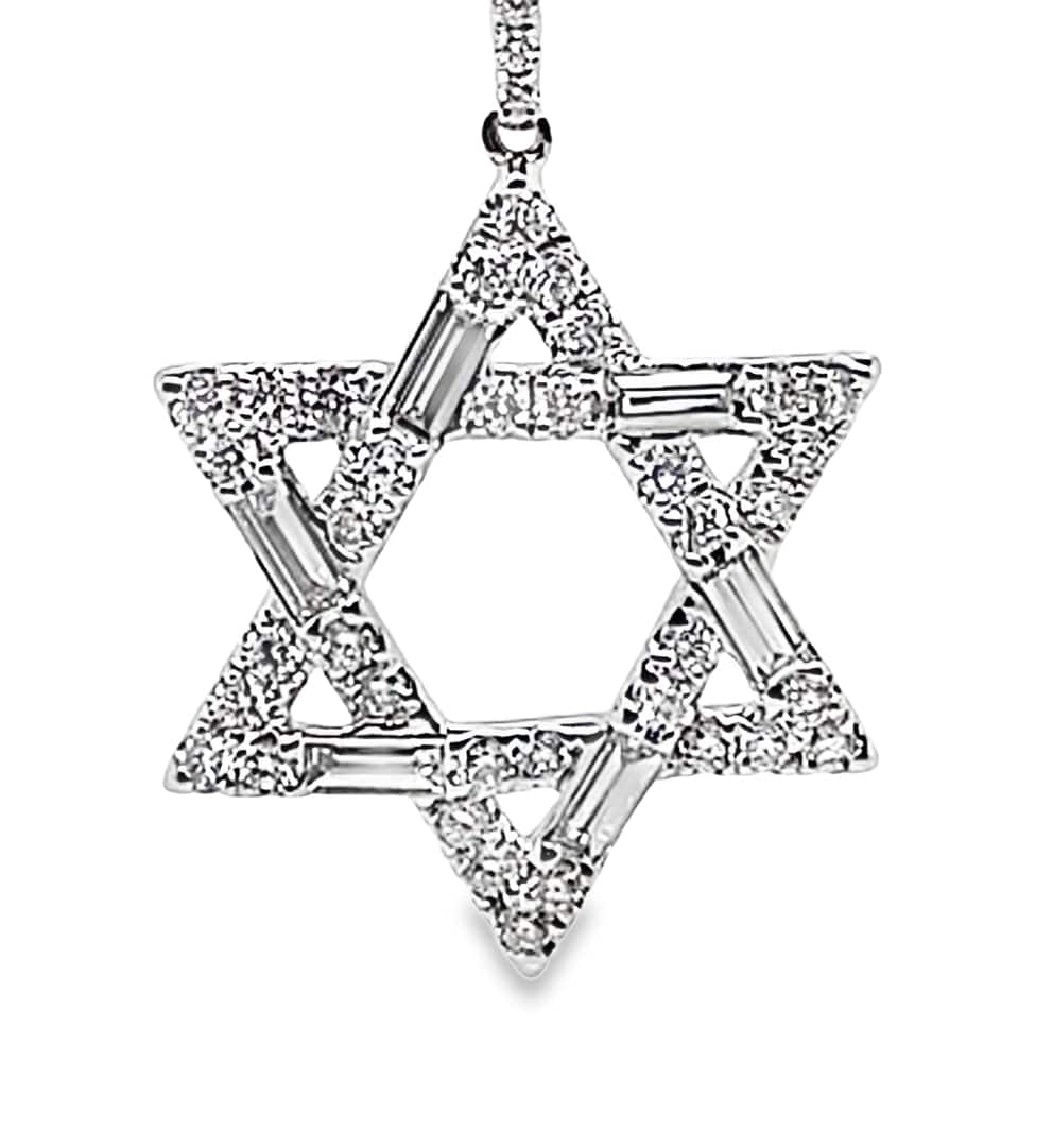 18K WHITE GOLD STAR OF DAVID PENDANT .64 CT DIAMOND, ROUND & BAGUETTE