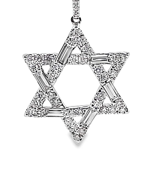 18K WHITE GOLD STAR OF DAVID PENDANT .64 CT DIAMOND, ROUND & BAGUETTE