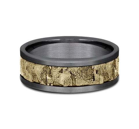 14K YELLOW GOLD & GREY TANTALUM MEN'S BAND FRACTURE CENTER STRAIGHT EDGES 8MM COMFORT-FIT SIZE 10