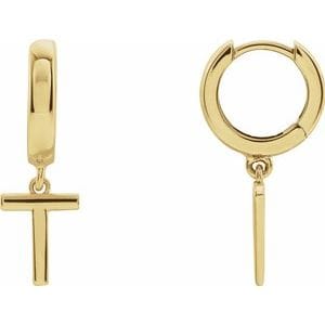 18K YELLOW INITIAL T HINGED HUGGIE EARRING