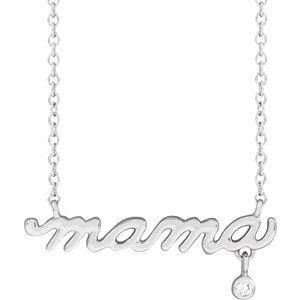 14K WHITE .015 CT NATURAL DIAMOND MAMA 18" NECKLACE