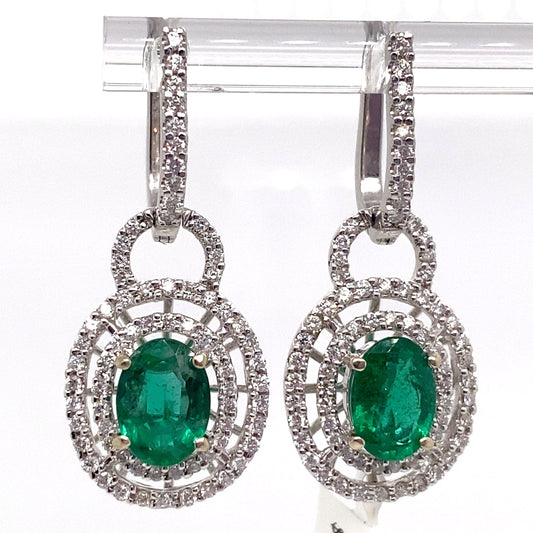 14K WHITE GOLD 2.4O CT TW NATURAL EMERALD .81CT TW ROUND BRILLIANT NATURAL DIAMOND FASHION EARRINGS