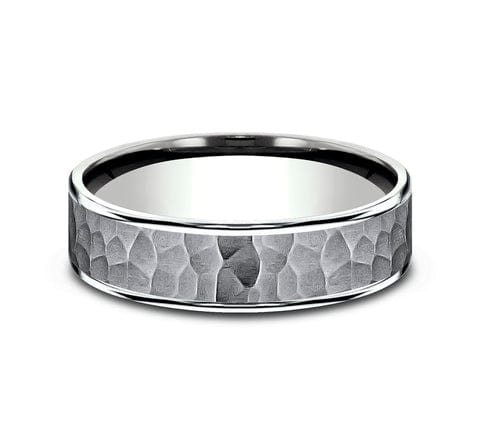 14K WHITE GOLD & GREY TANTALUM MEN'S BAND HAMMERED CENTER THIN POLISHED EDGES 6.5MM COMFORT-FIT SIZE 10