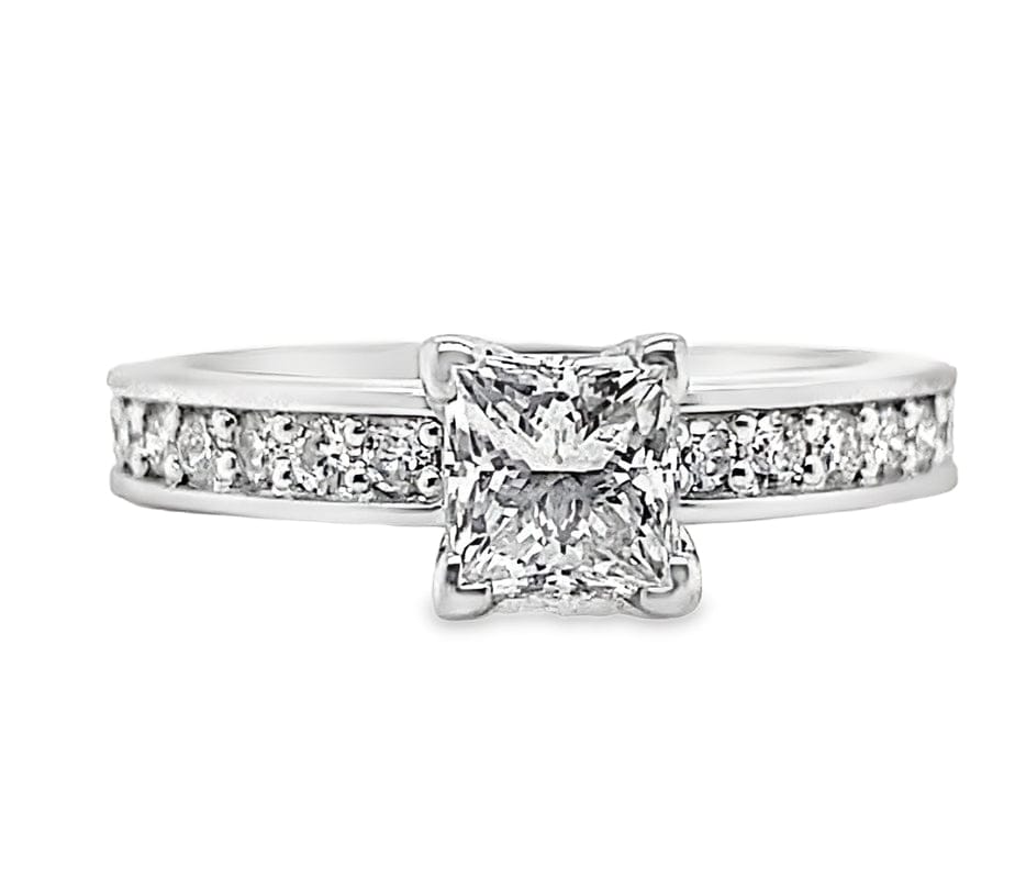 14K WHITE GOLD .74 CT PRINCESS CUT I/SI2 NATURAL DIAMOND CENTER .36 CT TW NATURAL ROUND BRILLIANT DIAMOND ACCENT ENGAGEMENT RING