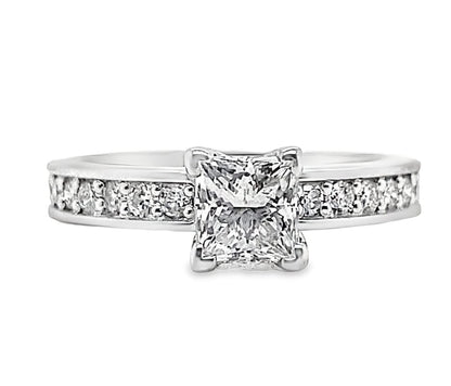 14K WHITE GOLD .74 CT PRINCESS CUT I/SI2 NATURAL DIAMOND CENTER .36 CT TW NATURAL ROUND BRILLIANT DIAMOND ACCENT ENGAGEMENT RING