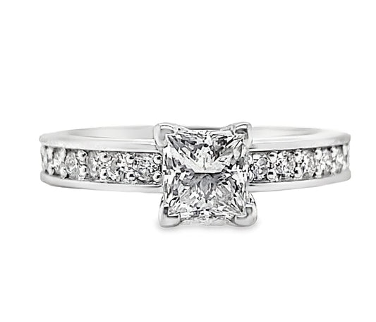 14K WHITE GOLD .74 CT PRINCESS CUT I/SI2 NATURAL DIAMOND CENTER .36 CT TW NATURAL ROUND BRILLIANT DIAMOND ACCENT ENGAGEMENT RING