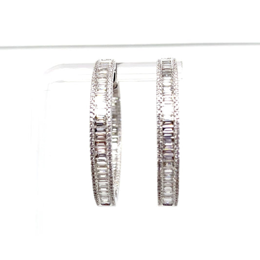 18K WHITE GOLD 3.57 CT TW NATURAL BAGUETTE AND ROUND BRILLIANT DIAMOND ACCENT HOOP STYLE EARRINGS