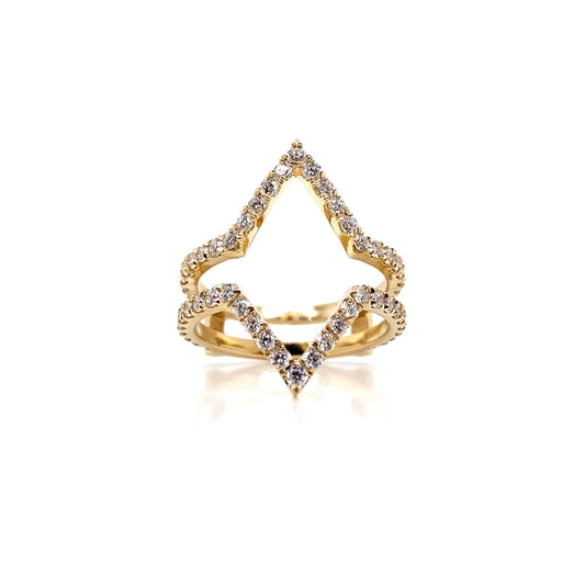 The 14K Yellow Gold Ring Guard features a V-shaped style, adorned with 1.10 carat total weight of lab-grown round brilliant diamond accents, all beautifully contrasted against a pristine white background.