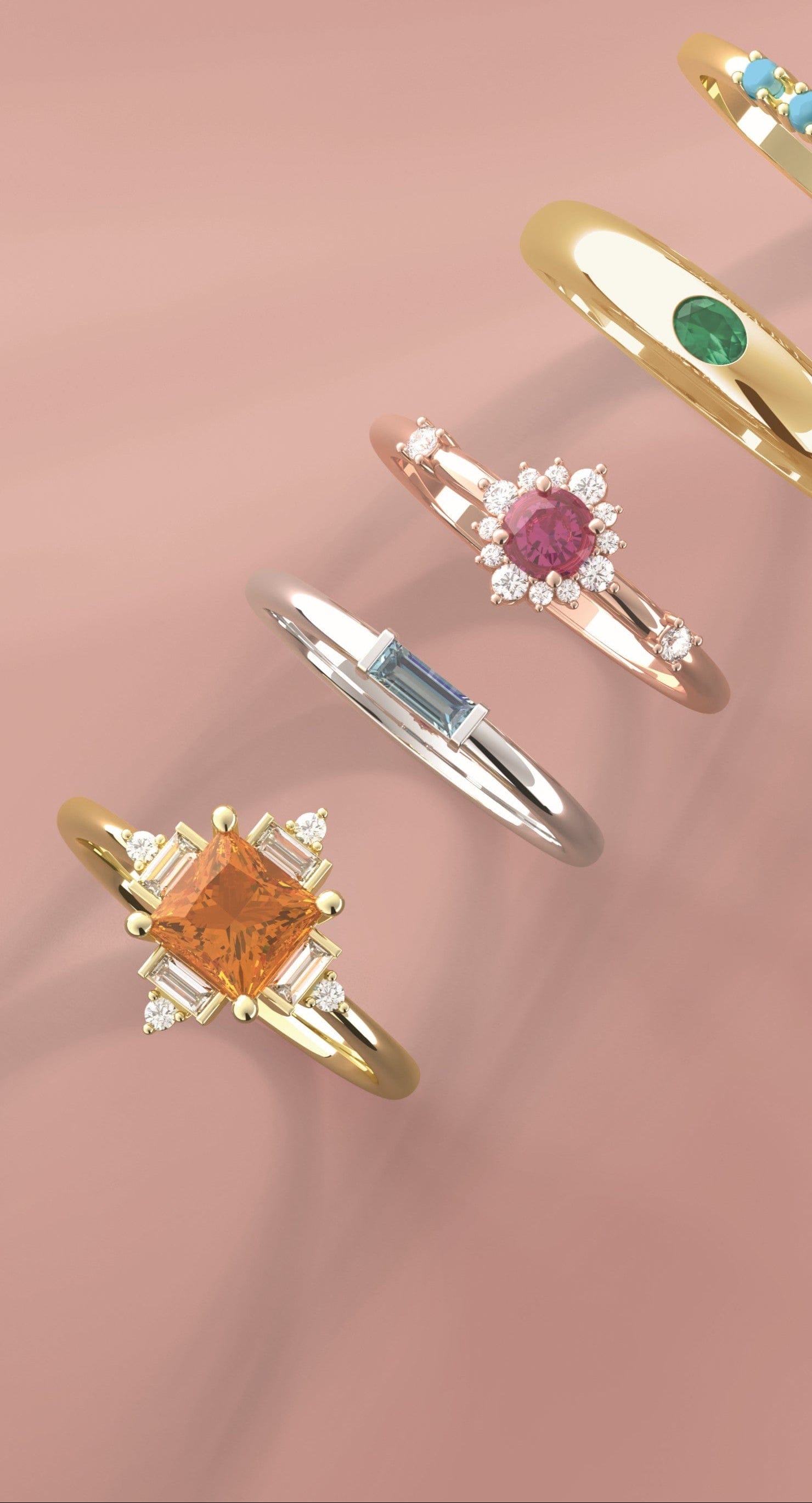 stack of gemstone engagement rings