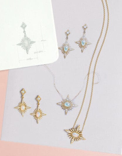 Gold star-opal earrings and opal necklace on a pink and gray background