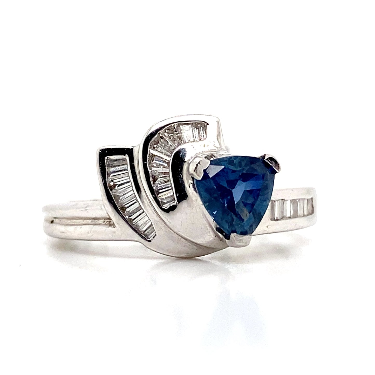 aster jewels 14k white gold .99 ct natural blue sapphire center   .31 ct tw natural baguette diamond accent  fashion ring