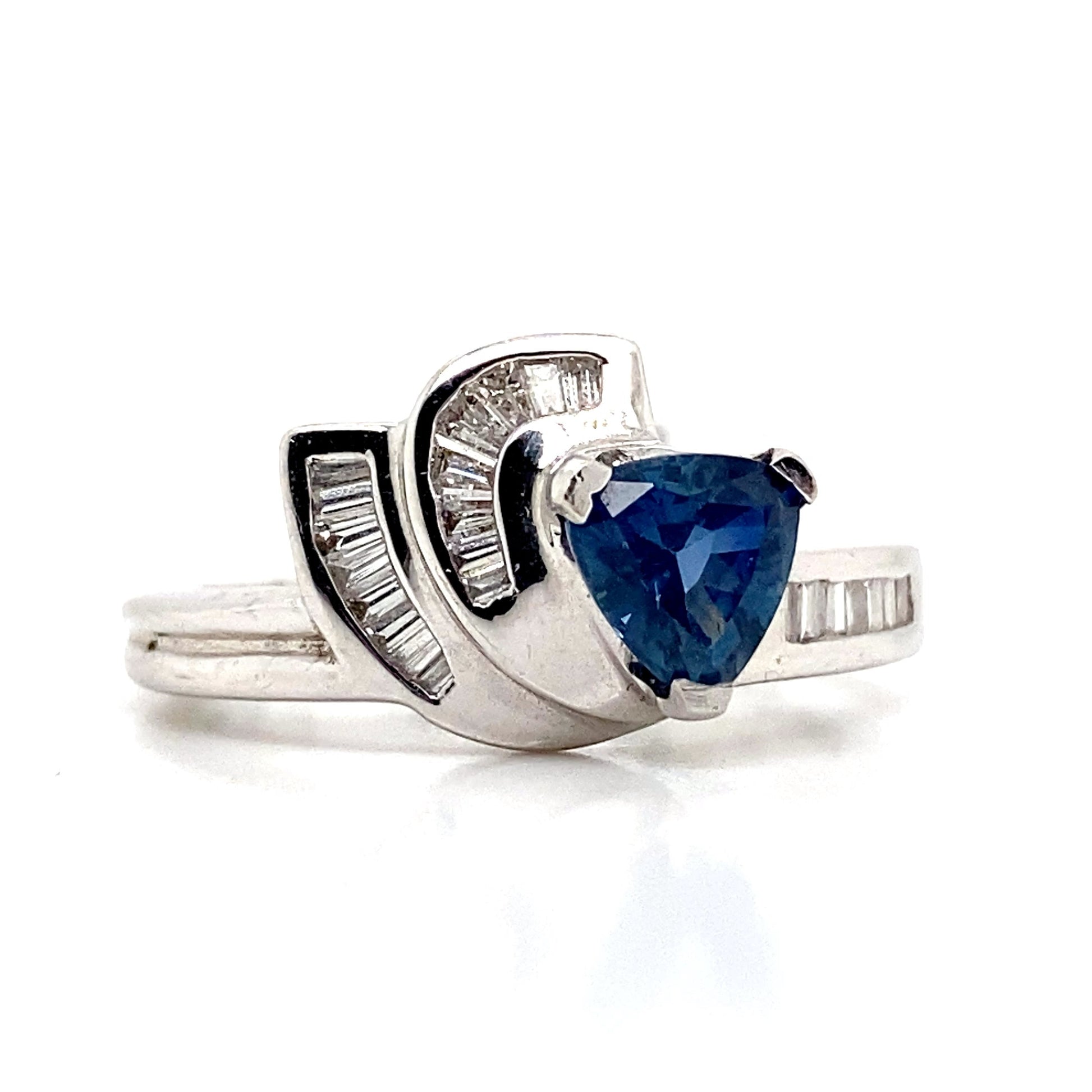 ASTER JEWELS 14K WHITE GOLD .99 CT NATURAL BLUE SAPPHIRE CENTER   .31 CT TW NATURAL BAGUETTE DIAMOND ACCENT  FASHION RING