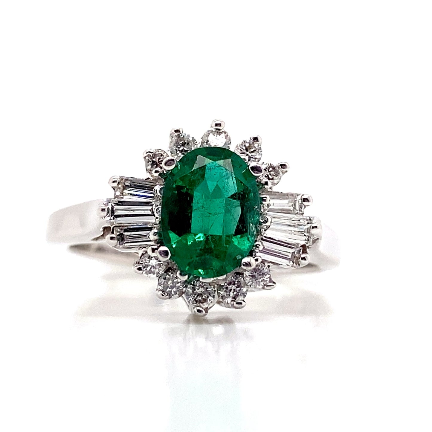 aster jewels 18k white gold   1.03 ct natural emerald center    .22 ct tw natural round brilliant 0.25 ct tw baguette diamond accent   ring