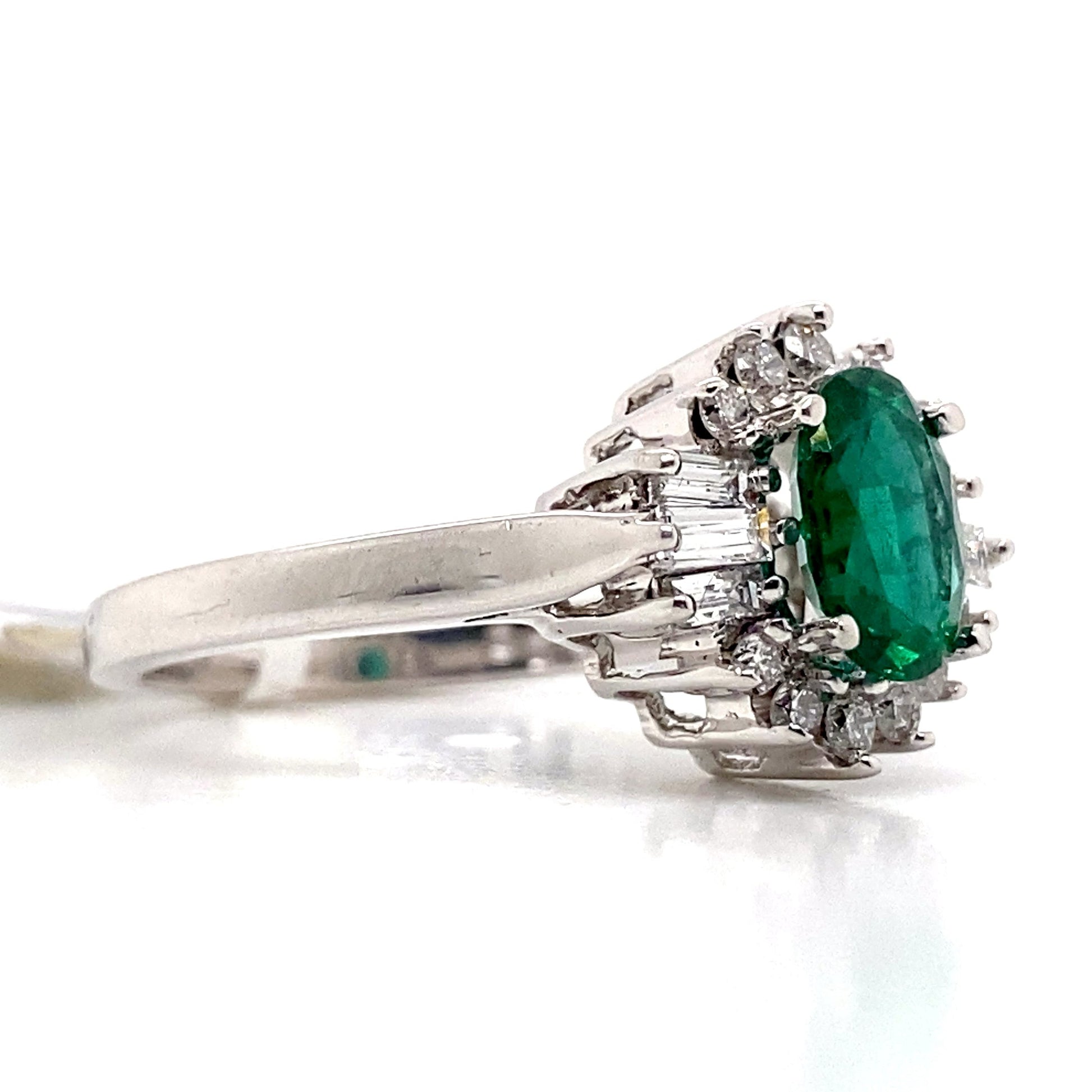 ASTER JEWELS 18K WHITE GOLD   1.03 CT NATURAL EMERALD CENTER    .22 CT TW NATURAL ROUND BRILLIANT 0.25 CT TW BAGUETTE DIAMOND ACCENT   RING