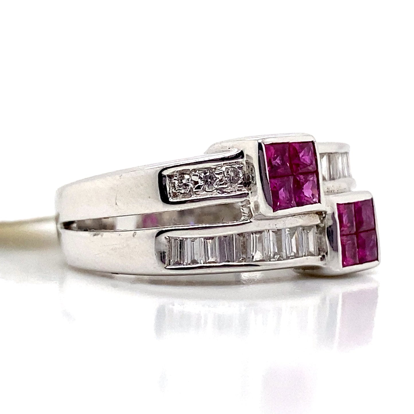 aster jewels 18k white gold  .62 ct tw natural ruby center  .07 ct tw natural baguette diamond   fashion ring