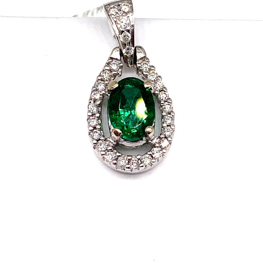 ASTER JEWELS 14K WHITE GOLD   1.43 CT NATURAL EMERALD CENTER    .16 CT TW ROUND BRILLIANT NATURAL DIAMOND ACCENT    PENDANT