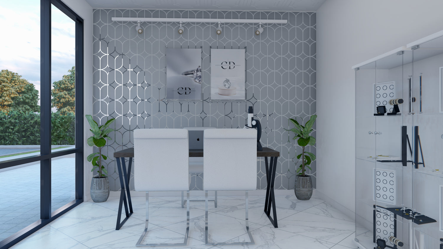 Modern office with geometric wall design, two white chairs, desk, large window, and plants.