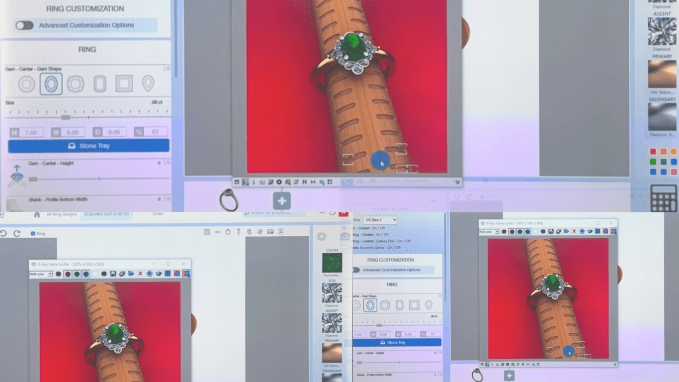 Multiple screens showing ring customization software with images of a ring featuring a green gemstone.