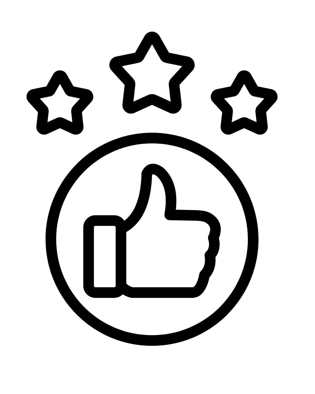 Black outline of a thumbs up icon with three stars above it on a white background
