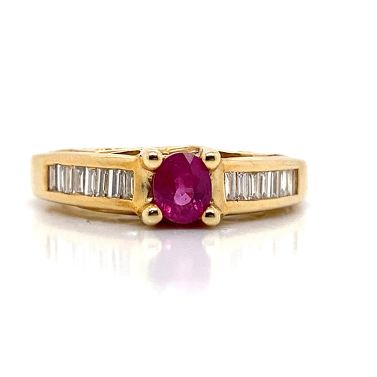 ASTER JEWELS 14K YELLOW GOLD   .42 CT NATURAL RUBY  .05 CT TWD ROUND BRILLIANT AND .37 CT TW BAGUETTE DIAMOND ACCENT  FASHION RING