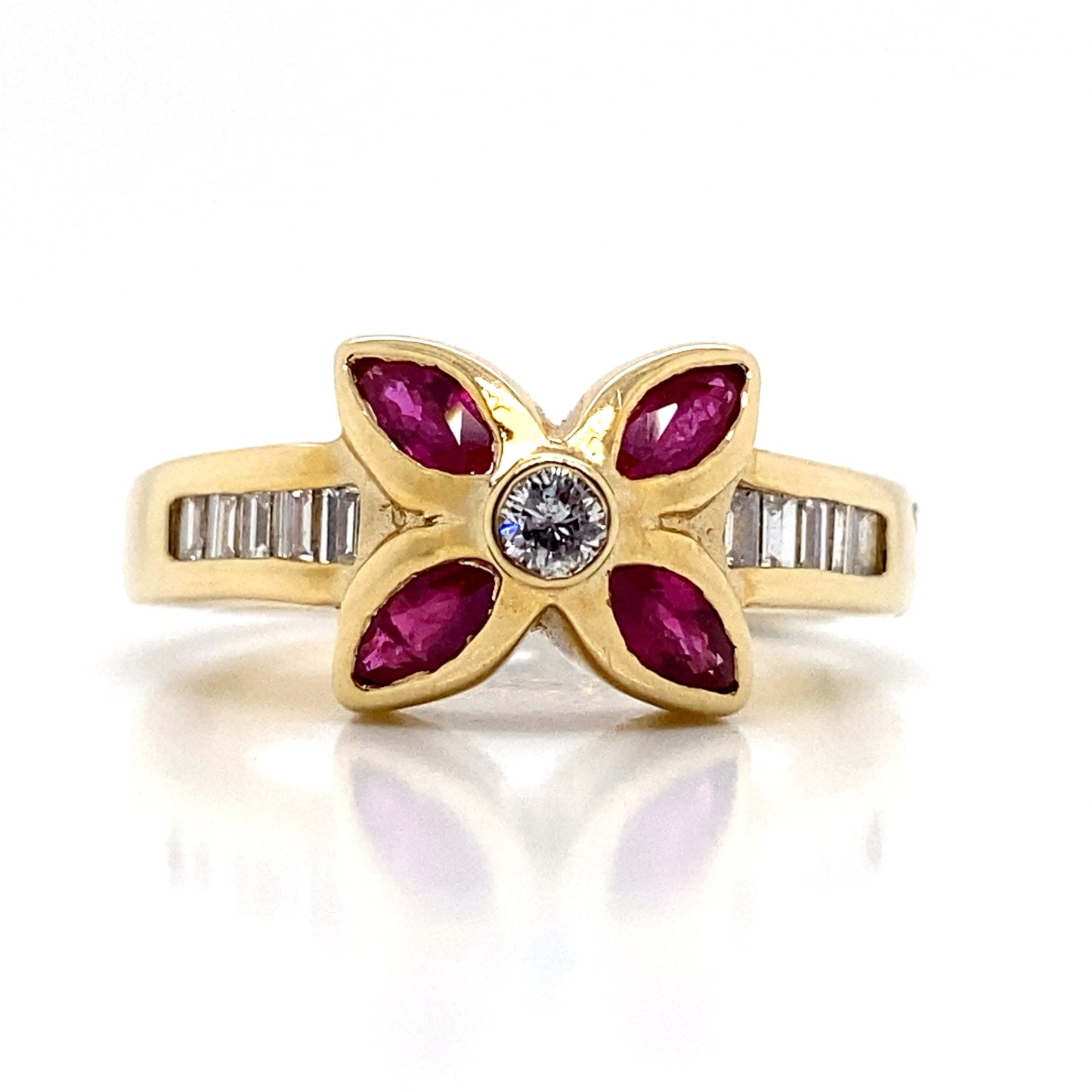 aster jewels 14k yellow gold   .81 ct tw natural ruby accent   .35 ct tw natural baguette diamond accent   fashion ring