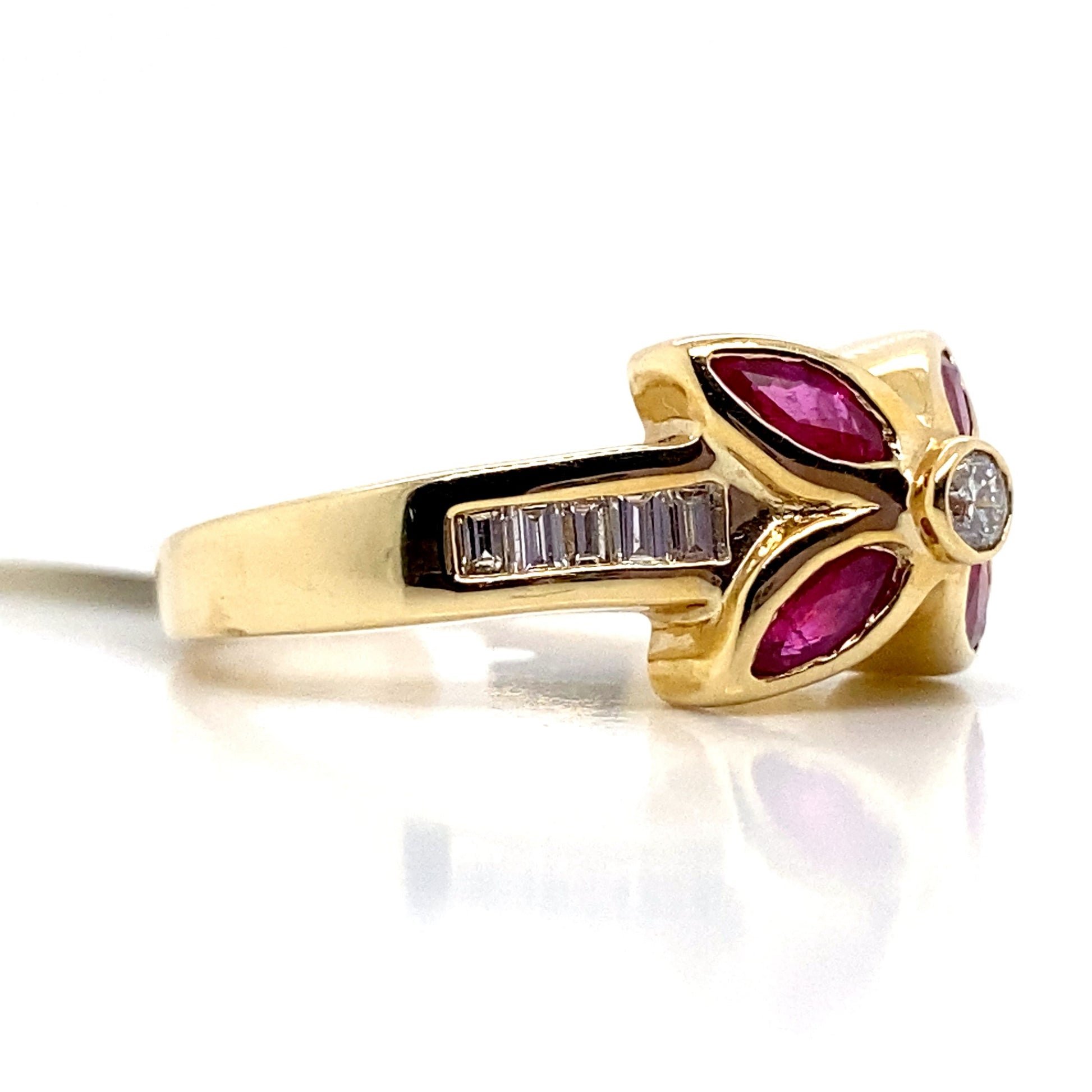 ASTER JEWELS 14K YELLOW GOLD   .81 CT TW NATURAL RUBY ACCENT   .35 CT TW NATURAL BAGUETTE DIAMOND ACCENT   FASHION RING