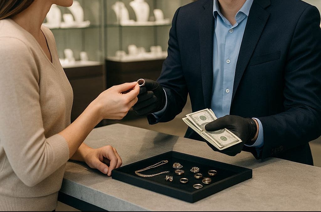 Customer handing a ring to a jeweler wearing black gloves who holds cash over a display of various gold and gemstone jewelry pieces during a buying appointment.
