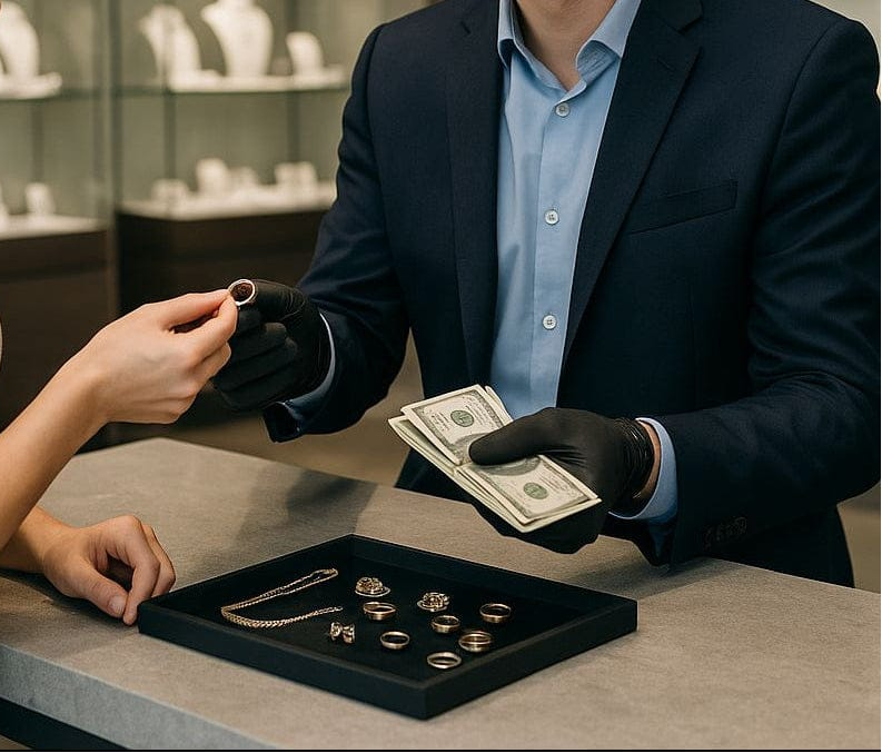 Person in a suit and gloves handing over money to another person with jewelry on a counter.