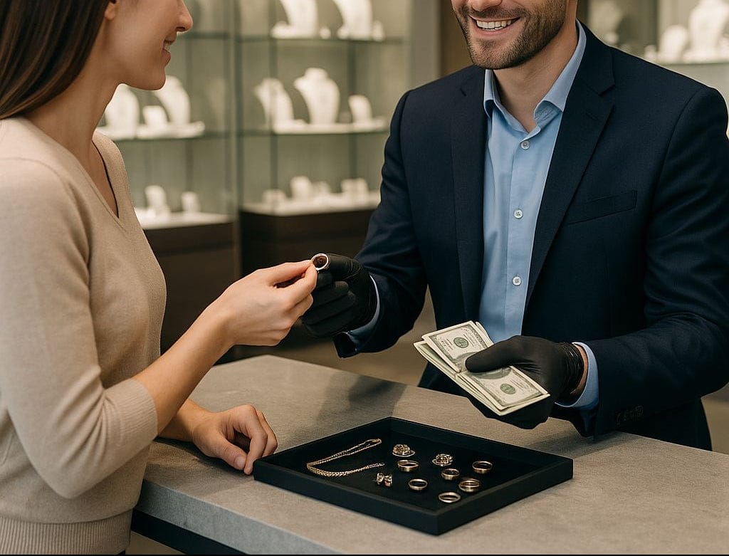 Man and woman in a jewelry store with a display of necklaces.