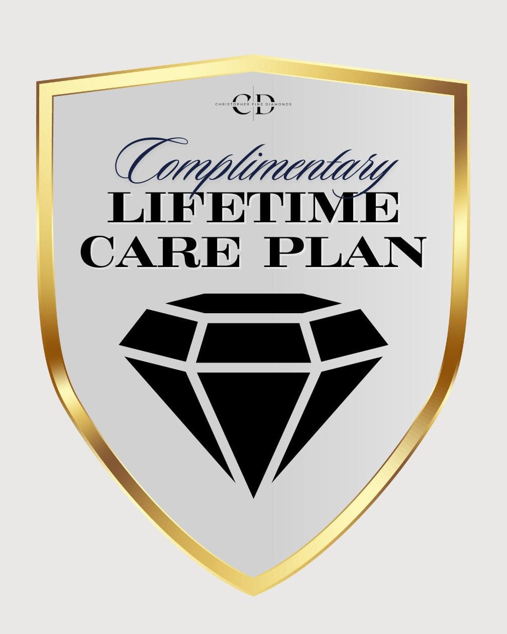 Shield-shaped logo with 'Complimentary Lifetime Care Plan' text and a diamond symbol on a white background.