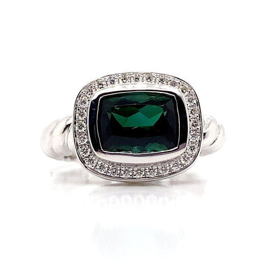 LIVINGSTONE JEWELRY 14K WHITE GOLD 2.35 CT GREEN TOURMALINE CENTER 0.224 TW NATURAL DIAMOND ACCENT RING