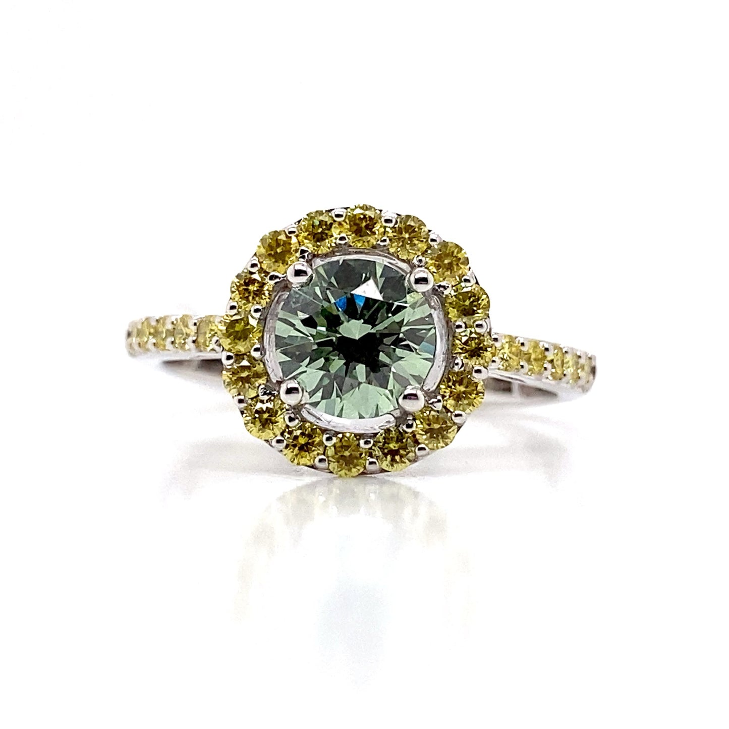 aster jewels 14k white gold 1.53 ct tw green center lab grown diamond ring w/yellow lab grown diamonds