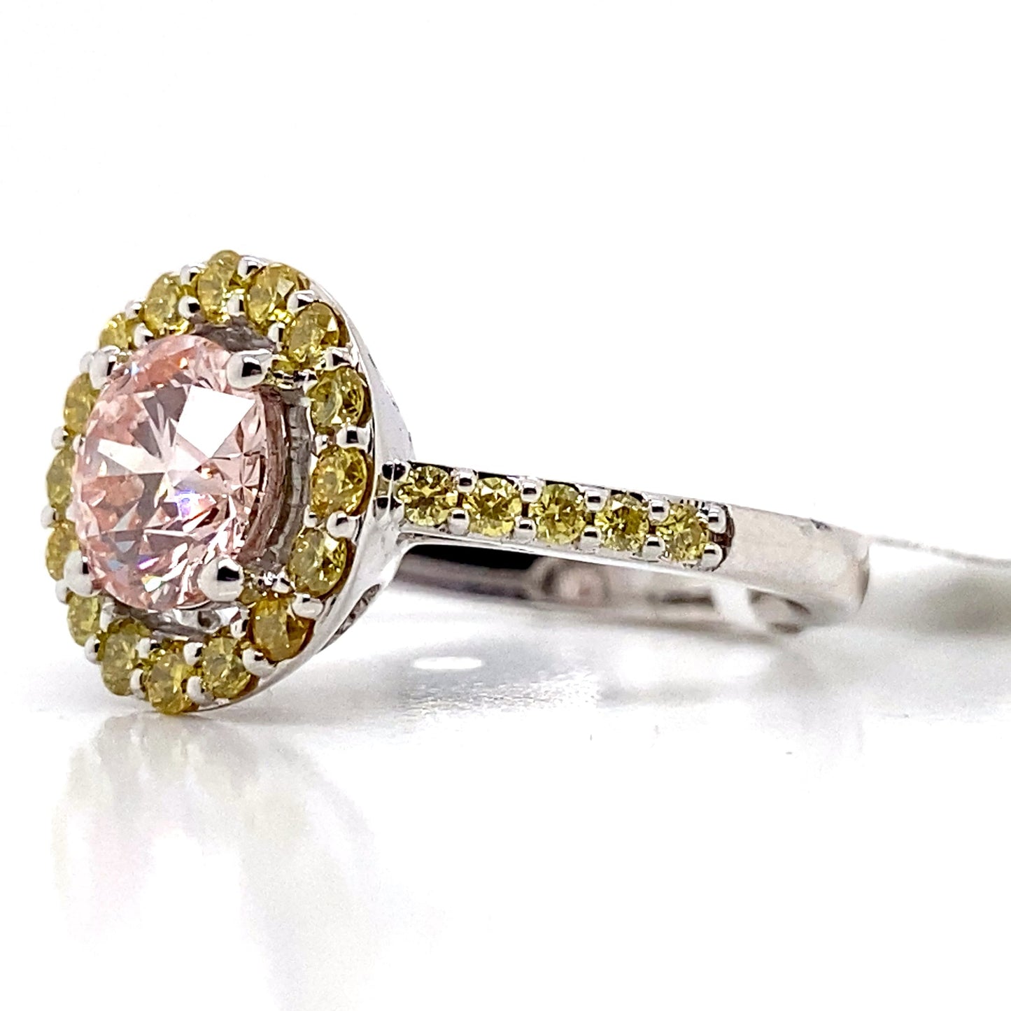 aster jewels 14k white gold 2.15 ct tw center pink lab grown diamond ring w/yellow accent diamonds