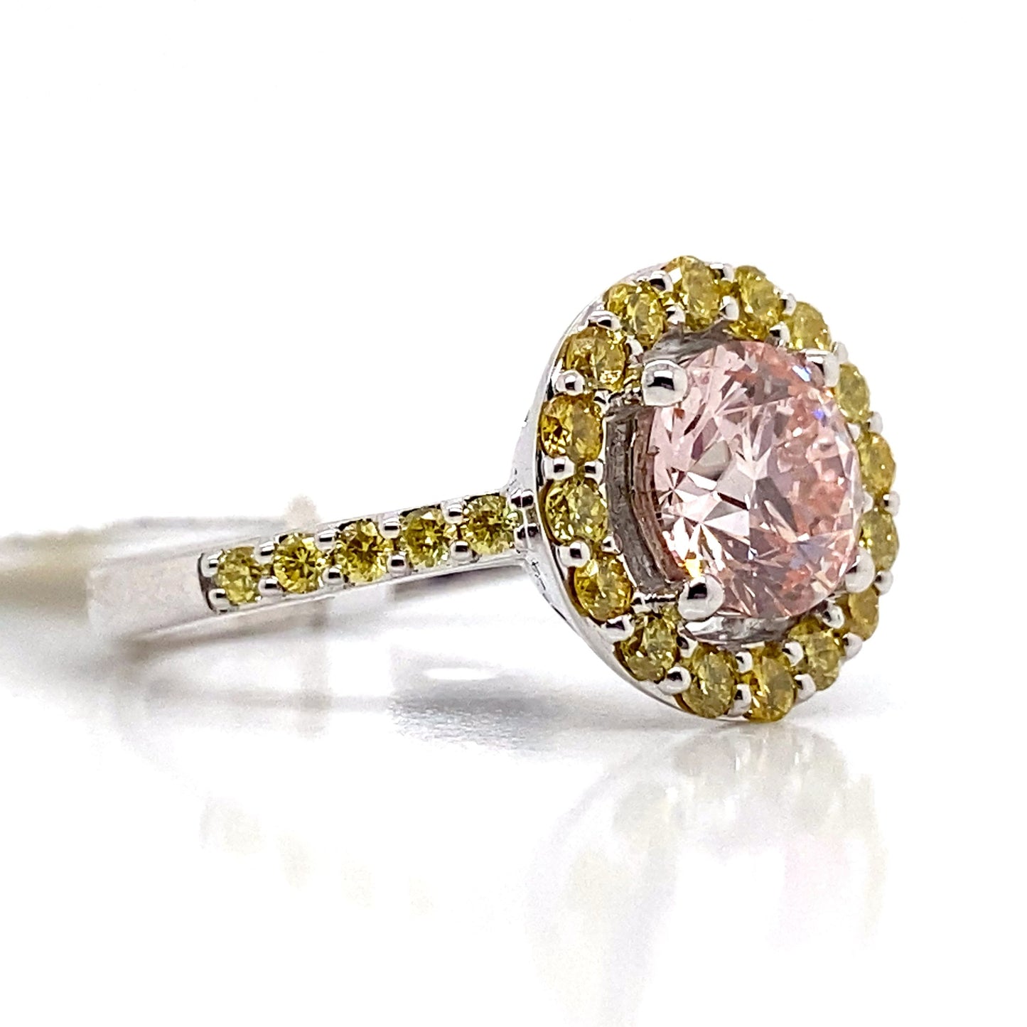 aster jewels 14k white gold 2.15 ct tw center pink lab grown diamond ring w/yellow accent diamonds