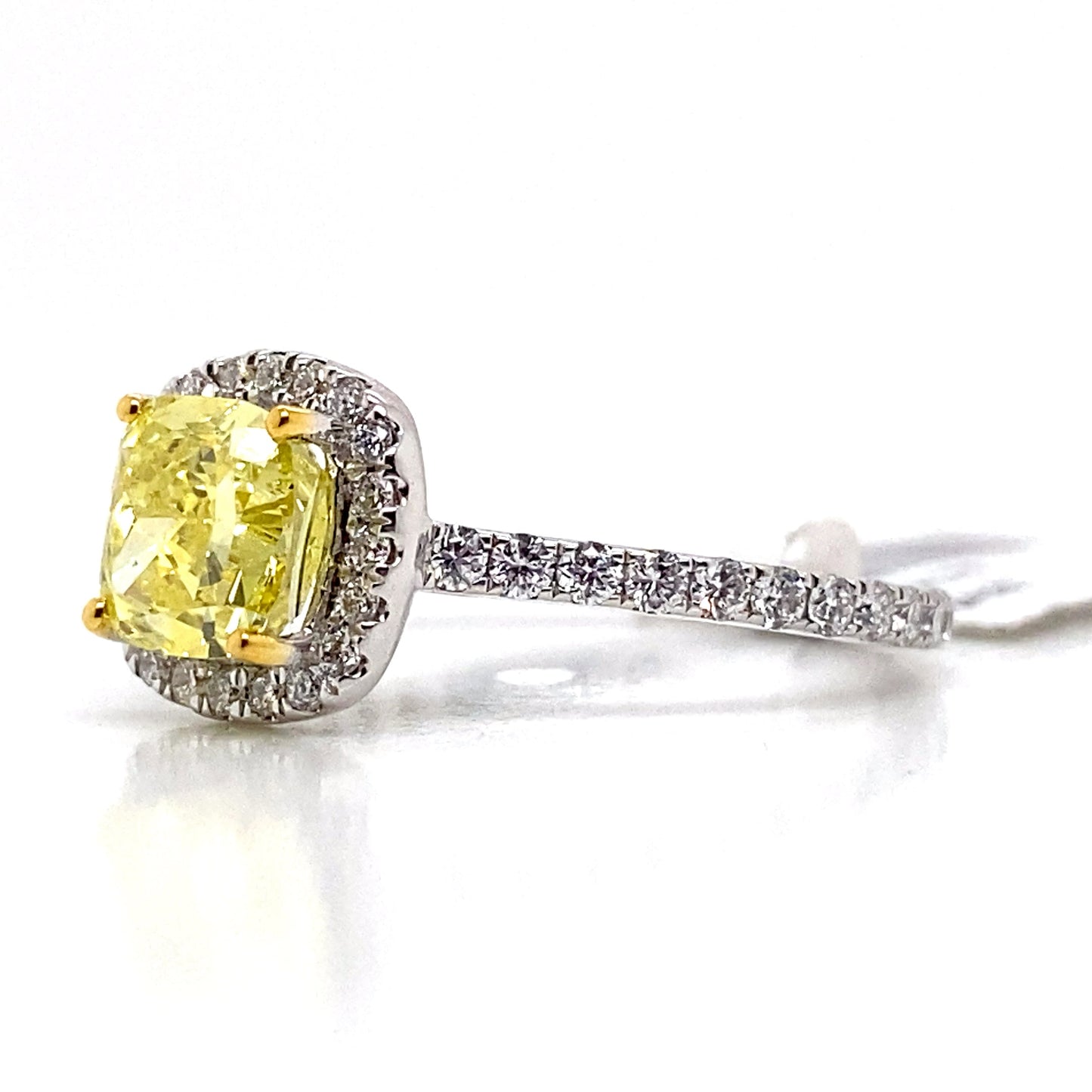 aster jewels 14k white gold   1.50 ct tw lab grown yellow diamond cushion cut center     .55ct diamond accent  halo style ring