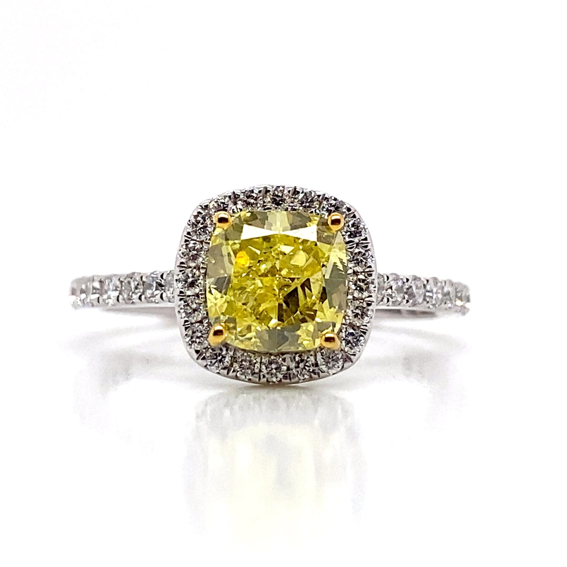 ASTER JEWELS 14K WHITE GOLD   1.50 CT TW LAB GROWN YELLOW DIAMOND CUSHION CUT CENTER     .55CT DIAMOND ACCENT  HALO STYLE RING