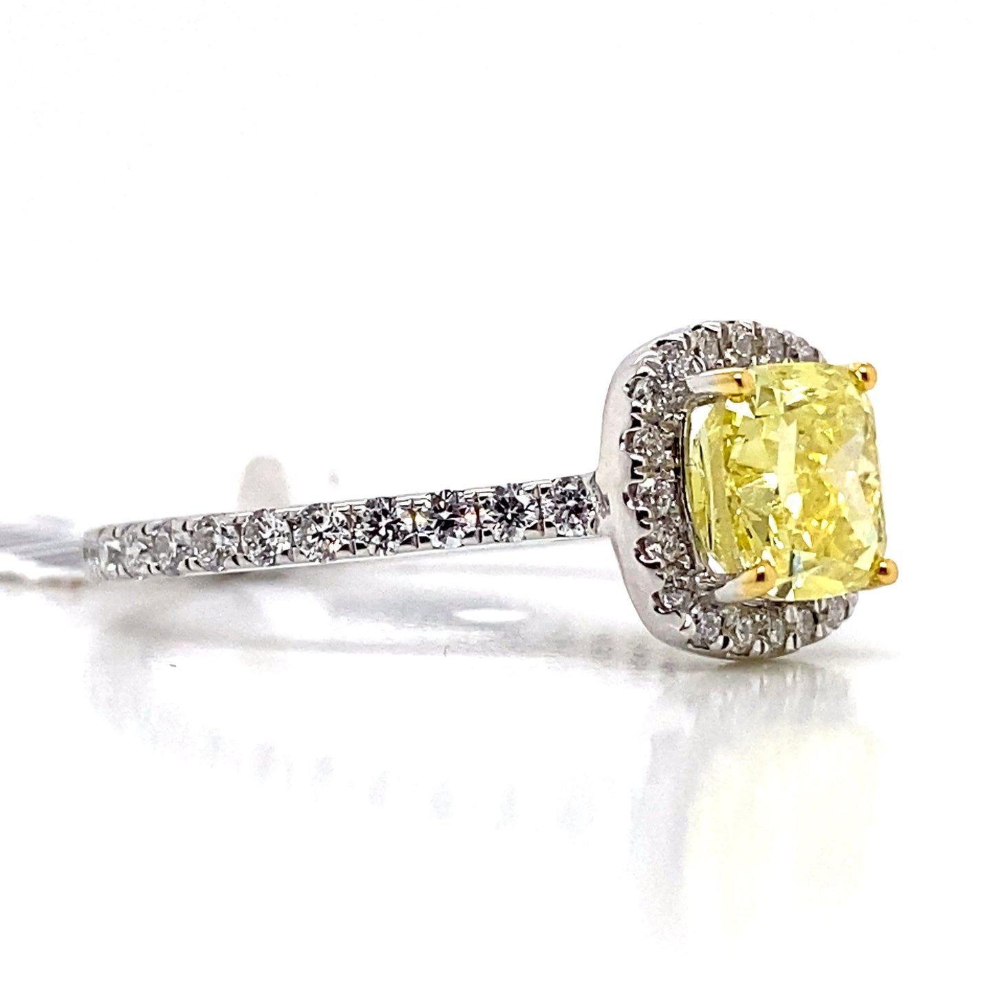 aster jewels 14k white gold   1.50 ct tw lab grown yellow diamond cushion cut center     .55ct diamond accent  halo style ring