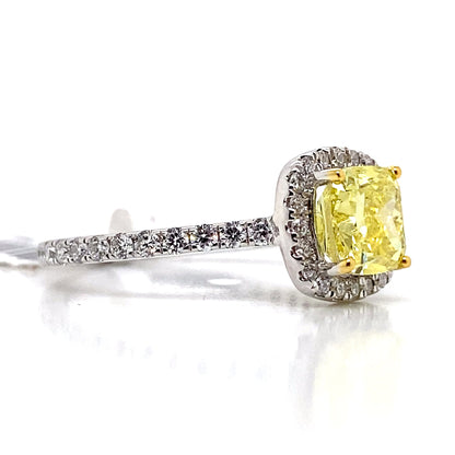 ASTER JEWELS 14K WHITE GOLD   1.50 CT TW LAB GROWN YELLOW DIAMOND CUSHION CUT CENTER     .55CT DIAMOND ACCENT  HALO STYLE RING