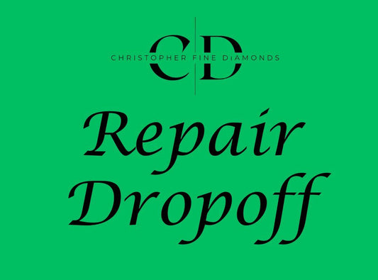 Transform your repair experience with the REPAIR - DROPOFF service from Christopher Fine Diamonds. Featuring a green background with black text, this convenient service allows you to effortlessly manage all your repair needs.