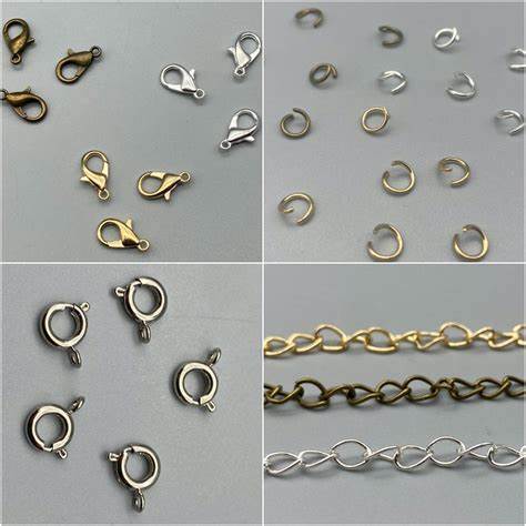 REPAIR PARTS assortment: jewelry clasps and chains in silver and gold on a gray background.