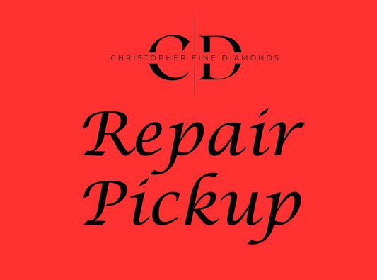 Red background with black text: CD Christopher Fine Diamonds presents the REPAIR-PICKUP service, providing seamless repair and easy pickup options.