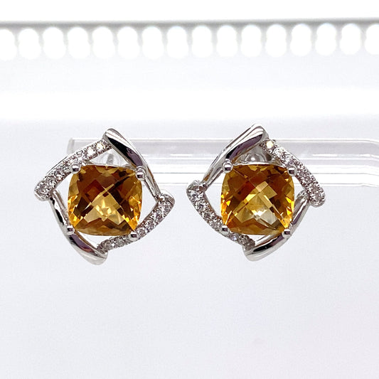 LIVINGSTONE JEWELRY 14K WHITE GOLD 2.80 CT TW CITRINE CENTER 0.168 CT TW NATURAL DIAMOND ACCENT EARRINGS